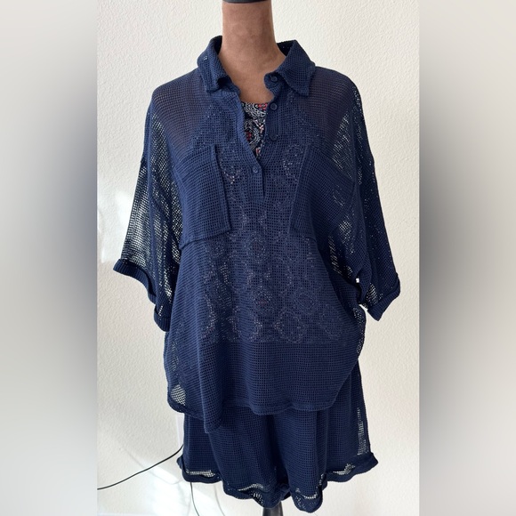 Lumiere Textured Navy BlueTwo-Piece Set - see through top and lined shorts. - Picture 10 of 10